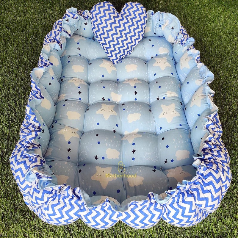 MOTHERHOOD MOTHERHOOD Rectangle Baby Tub Bed 1 Pc Heart Pillow Big Size Luxury Mattress Sleeper Bedding Set Safe Cotton Fabric with RFilled Ultra Soft Comfortable for Newborn Sky - Image 1