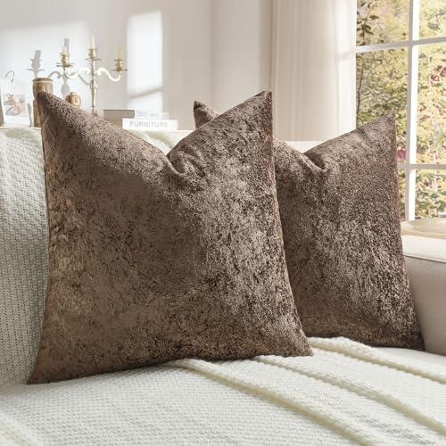 FUTEI Pack of 2 Solid Flannel Throw Pillow Covers 18x18 Inch Soft Crushed Textured Neutral Decorative Cushion Cases Vintage Farmhouse Accent for Couch Living Room Dark Coffee - Image 1