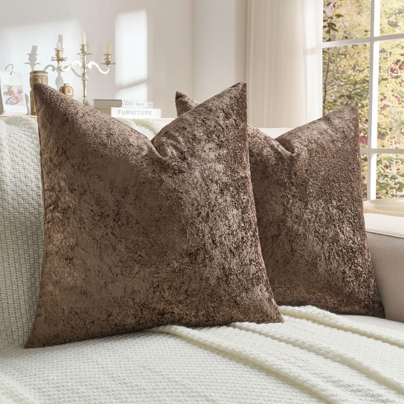 FUTEI Pack of 2 Solid Flannel Throw Pillow Covers 18x18 Inch Soft Crushed Textured Neutral Decorative Cushion Cases Vintage Farmhouse Accent for Couch Living Room Dark Coffee - Image 2