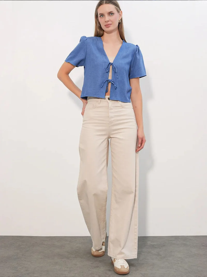 Big Dart BDART Textured V-Neck Linen Blend Crop Top