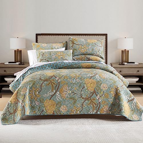 ENASAL Cotton Bedspread Quilt Sets Reversible Bedding Coverlet Sets Comforter Vintage Floral Farmhouse Pastoral Turquoise Bedspread King Size - Image 1