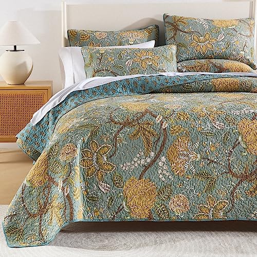 ENASAL Cotton Bedspread Quilt Sets Reversible Bedding Coverlet Sets Comforter Vintage Floral Farmhouse Pastoral Turquoise Bedspread King Size - Image 3