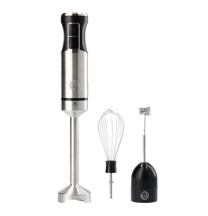 IMMERSION BLENDER HANDHELD WITH ELECTRIC WHISK MILK FROTHER ATTACHMENTS HAND HELD STAINLESS STEEL STICK EMULSIFIER FOR MAKING BABY FOOD SOUP PUREE CAKE CAPPUCCINO LATTE ETC 400W