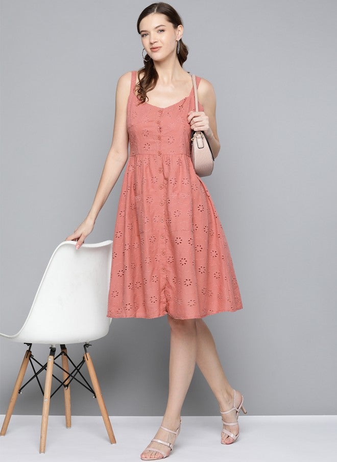 ساسافراس فستان نسائي قطني - بتطريز شيفلي وردي - Image 5