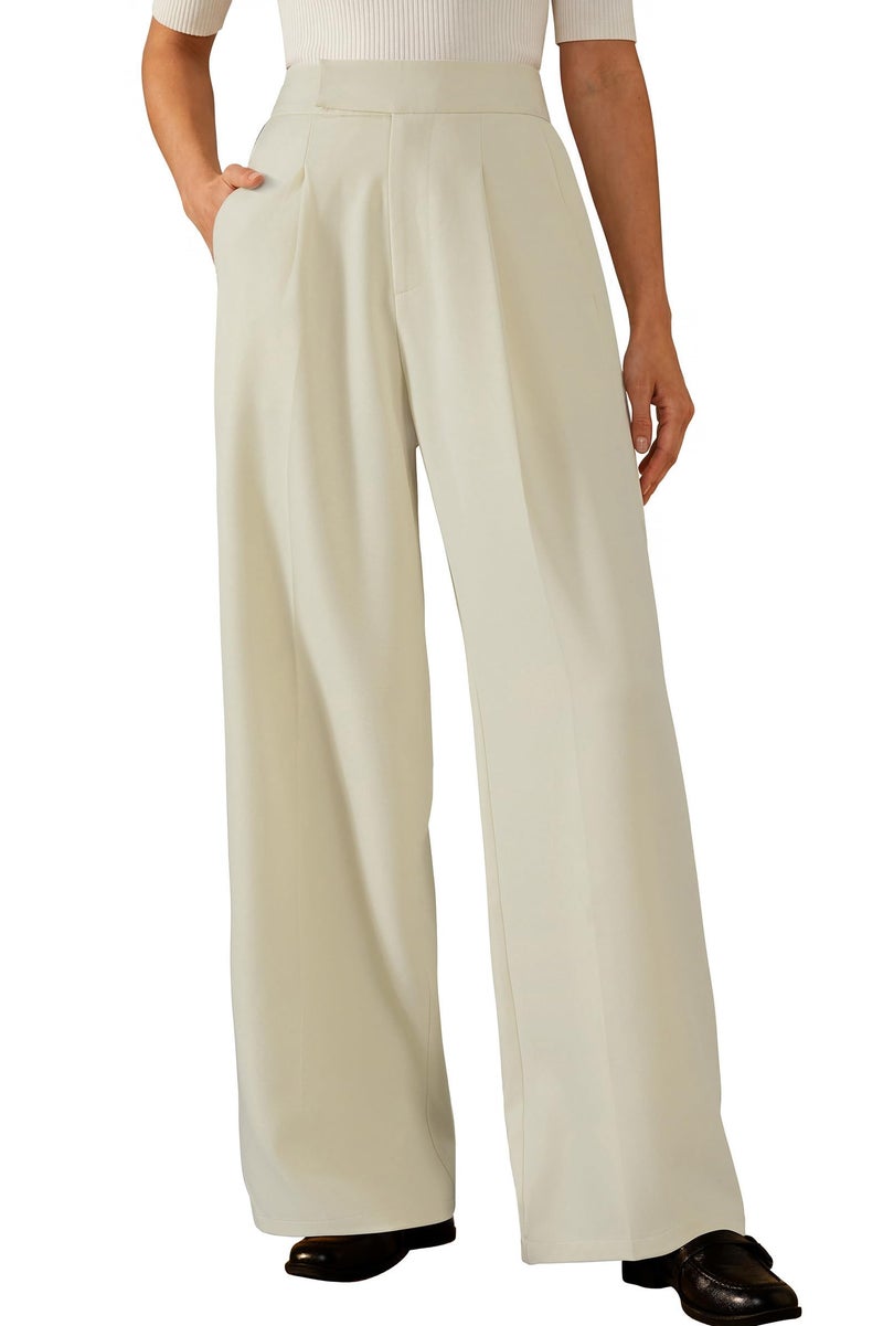 Arach&Cloz 2026 Women's Wrinkle Free Wide Leg Dress Pants High Elastic Waisted Pleated Loose Palazzo Pants Pocket Work Dressy Trousers Business Casual Teacher Outfits Ankle Petite Regular Off-White L - Image 1