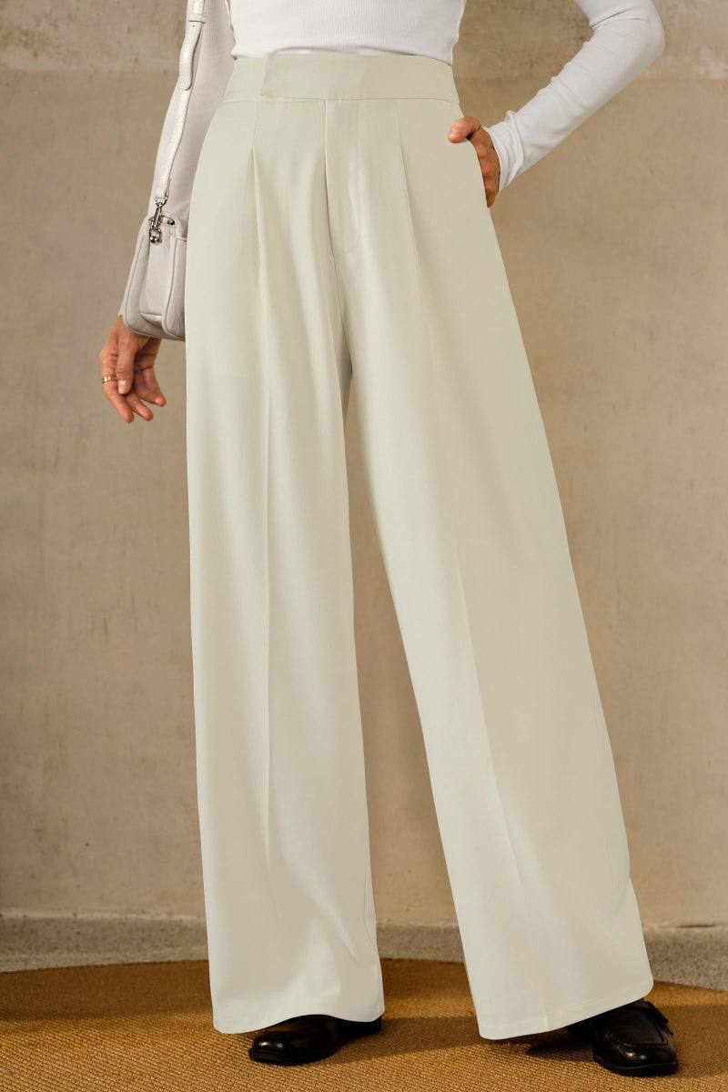 Arach&Cloz 2026 Women's Wrinkle Free Wide Leg Dress Pants High Elastic Waisted Pleated Loose Palazzo Pants Pocket Work Dressy Trousers Business Casual Teacher Outfits Ankle Petite Regular Off-White L - Image 3