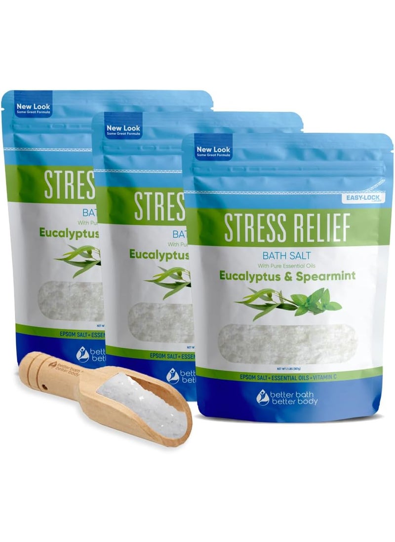 Better Bath Better Body Stress Relief Bath Salt 3 Pack Plus Scoop Epsom Salt Relaxing Bath with Eucalyptus and Spearmint Essential Oils Plus Vitamin C Crystals in BPA Free Pouch Made in USA 2 lbs Pouches 6 Lbs Total 
