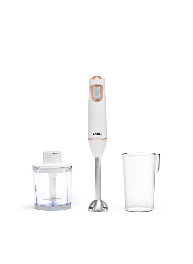 TANK Tank Hand Blender with 600ml BPA Free Beaker & 500ml Chopper, 5 Speed Control + Turbo, 600 Watts, White, CM-6003-1 - Image 1