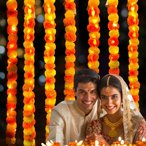 ABHAAS Hand-Crafted Artificial Marigold Garland Toran Hanging Gendha Thonaram for Diwali Festivals(Mix Mari+Ferry Light) (Set of 5) - Image 5