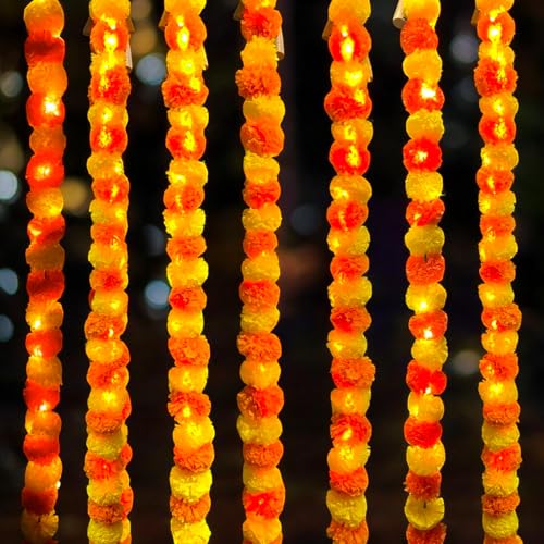ABHAAS Hand-Crafted Artificial Marigold Garland Toran Hanging Gendha Thonaram for Diwali Festivals(Mix Mari+Ferry Light) (Set of 5) - Image 4