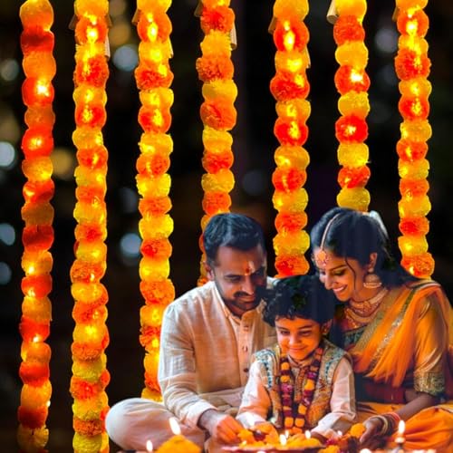 ABHAAS Hand-Crafted Artificial Marigold Garland Toran Hanging Gendha Thonaram for Diwali Festivals(Mix Mari+Ferry Light) (Set of 5) - Image 1