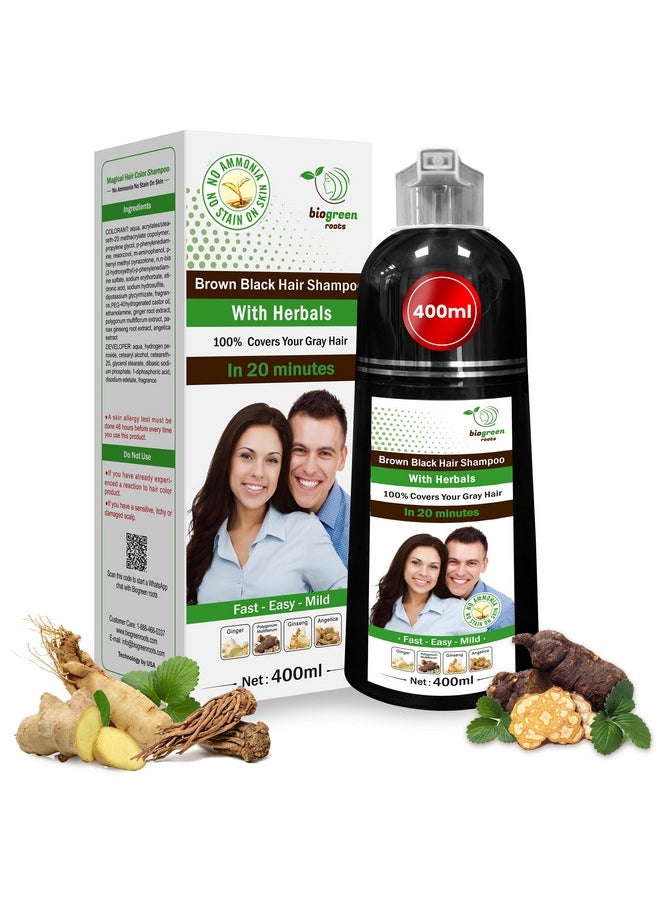 بيوجرين روتس - شامبو BIOGREEN ROOTS العشبي الخالي من الأمونيا للشعر - يغطي الشعر الرمادي بفعالية للرجال والنساء - لون طبيعي وتغذية عشبية - لا يترك بقعًا على البشرة - بني أسود (400 مل) - Image 1