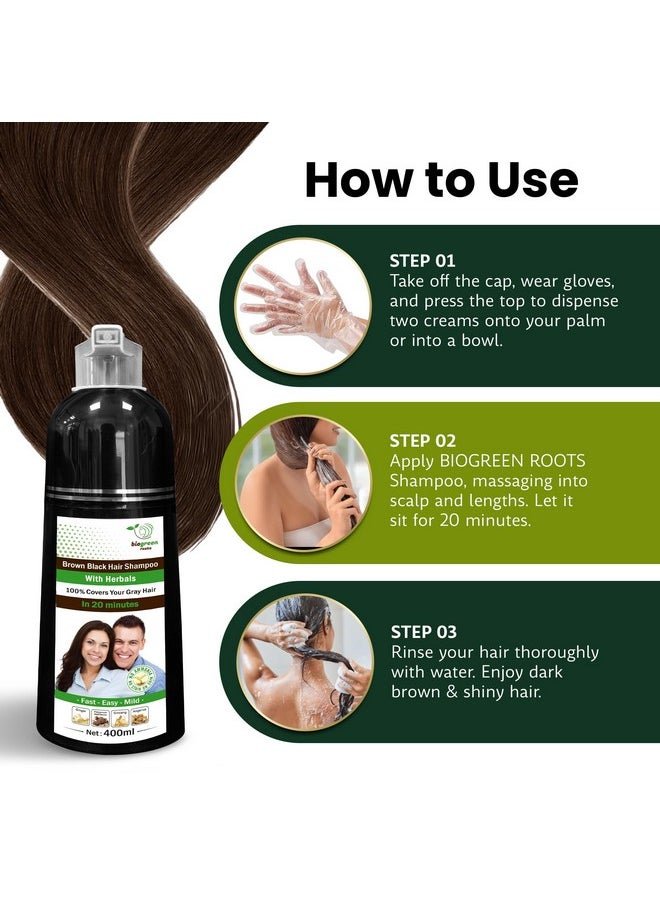 بيوجرين روتس - شامبو BIOGREEN ROOTS العشبي الخالي من الأمونيا للشعر - يغطي الشعر الرمادي بفعالية للرجال والنساء - لون طبيعي وتغذية عشبية - لا يترك بقعًا على البشرة - بني أسود (400 مل) - Image 1