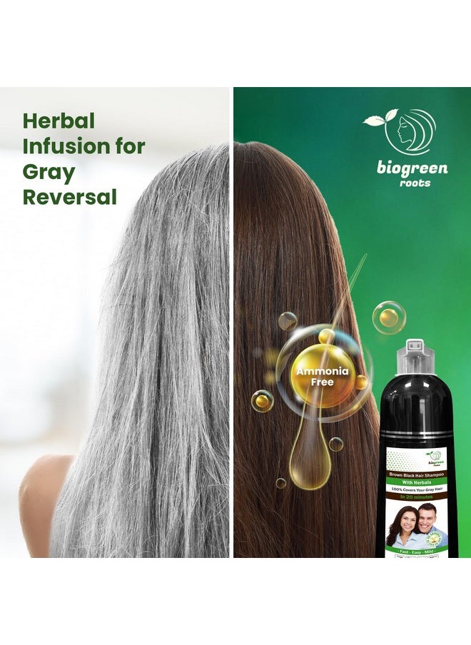 بيوجرين روتس - شامبو BIOGREEN ROOTS العشبي الخالي من الأمونيا للشعر - يغطي الشعر الرمادي بفعالية للرجال والنساء - لون طبيعي وتغذية عشبية - لا يترك بقعًا على البشرة - بني أسود (400 مل) - Image 1
