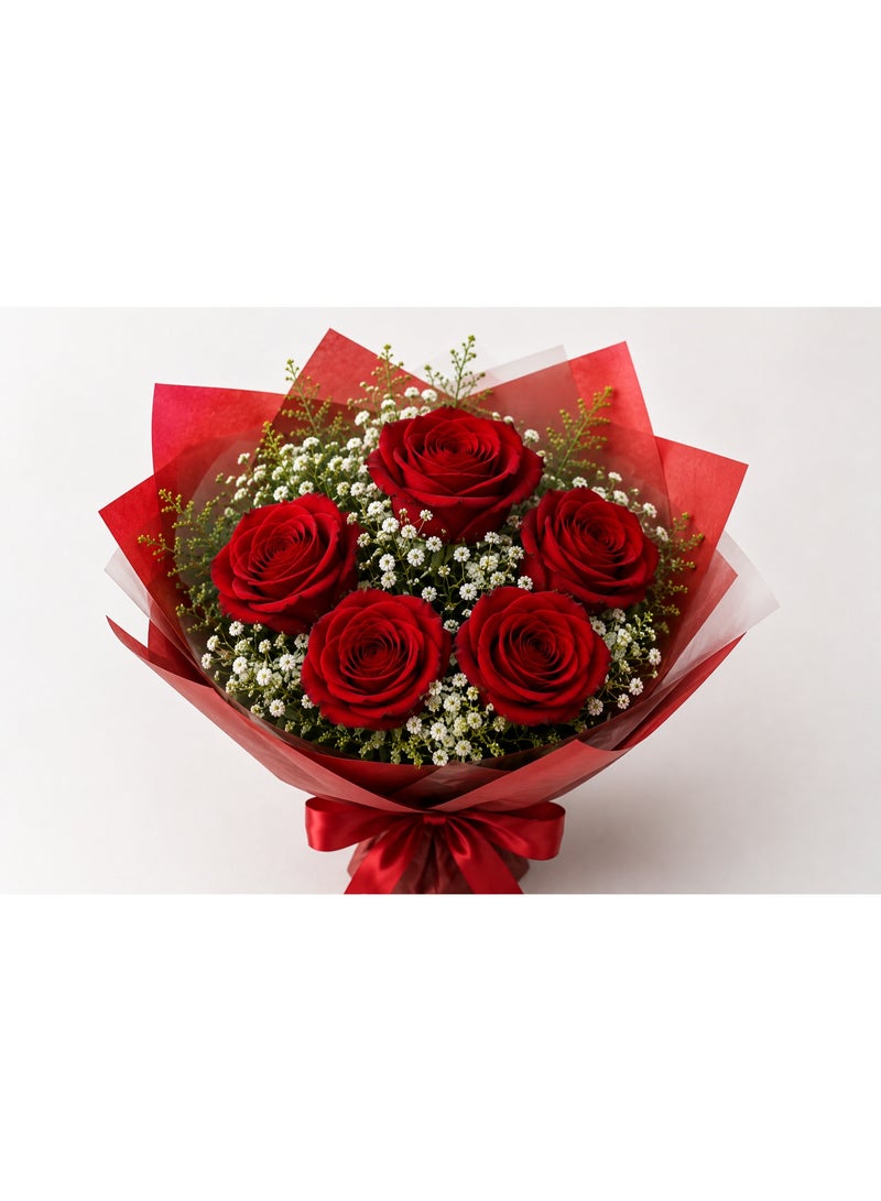 CRESCENT Flowers Premium Fresh Flower Bouquet, 5 Red Roses & White Baby's Breath, Red Wrapped - Image 1