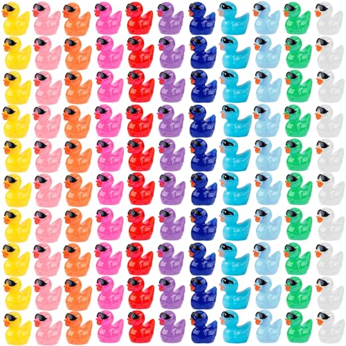 CHAKANLX 110 Pcs Mini Resin Ducks with Sunglasses 11 Colors Mini Resin Ducks Bulk Tiny Ducks Set for Potted Miniature Decoration Garden Dollhouse Cake Decoration DIY Slime Kit Craft Charms Party Toys - Image 1