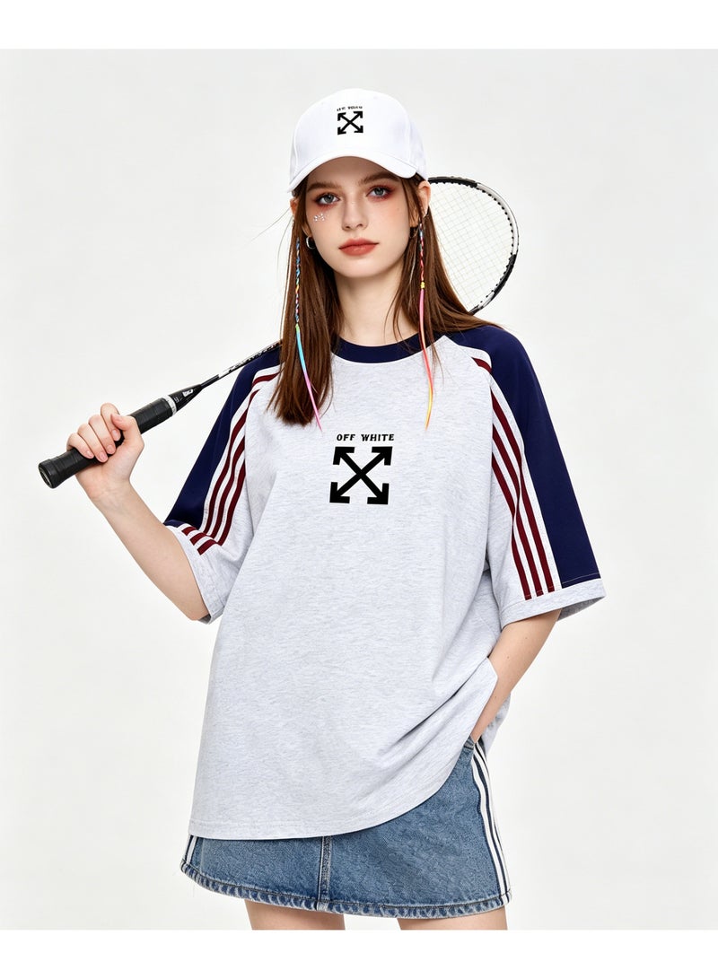 OFF-WHITE retro campus three-bar shoulder-inserted round neck T-shirt with heavy cotton loose cover for men and women with street fashion tops. - Image 2