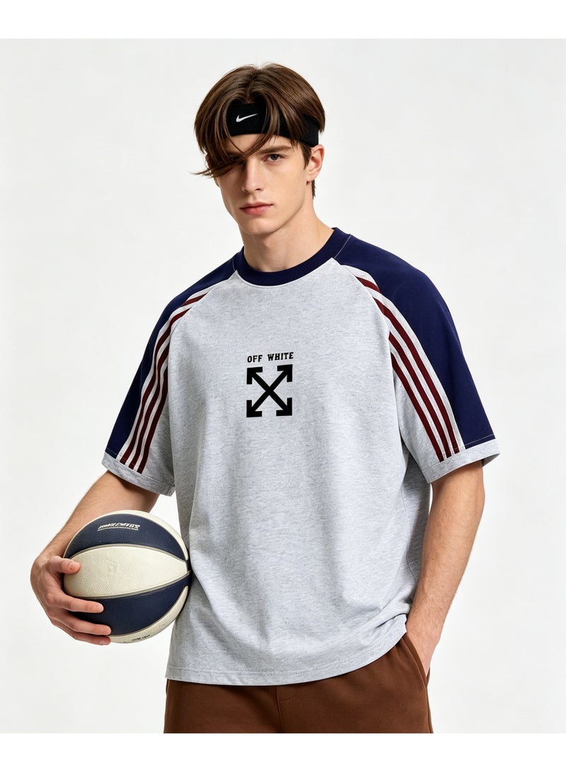 OFF-WHITE retro campus three-bar shoulder-inserted round neck T-shirt with heavy cotton loose cover for men and women with street fashion tops. - Image 1