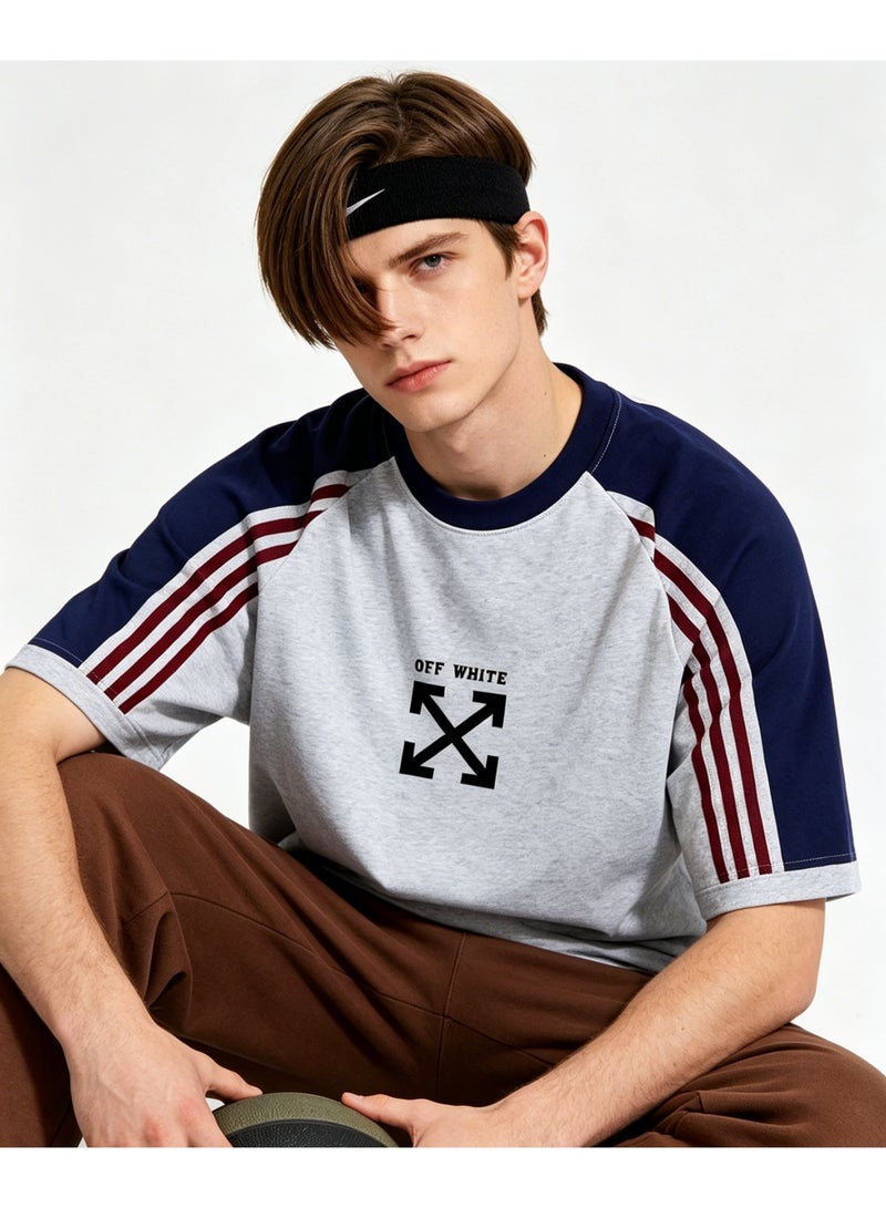 OFF-WHITE retro campus three-bar shoulder-inserted round neck T-shirt with heavy cotton loose cover for men and women with street fashion tops. - Image 5