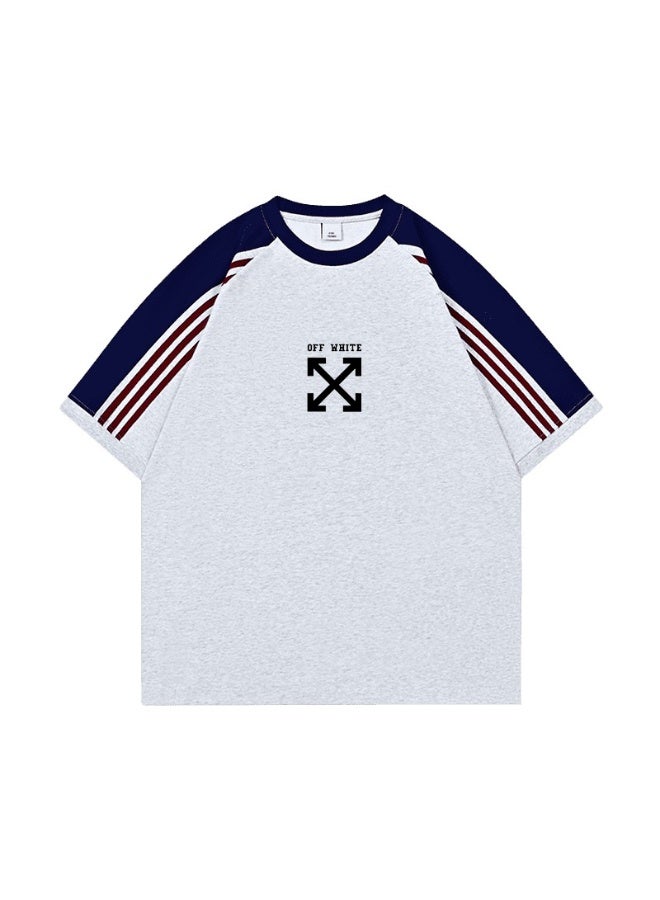 OFF-WHITE retro campus three-bar shoulder-inserted round neck T-shirt with heavy cotton loose cover for men and women with street fashion tops. - Image 3