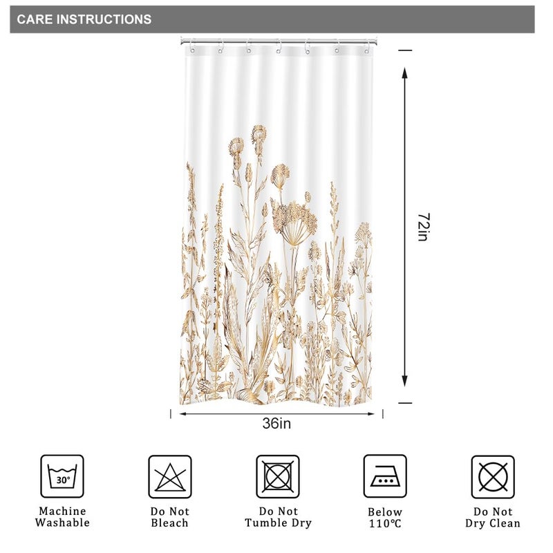 Riyidecor Small Stall RV White Gold Floral Shower Curtain for Bathroom Decor 36Wx72H Wildflower Rustic Botanical Herbs Plant Leaves Nature Art Printed Fabric Polyester Waterproof 7 Pack Plastic Hooks - Image 4