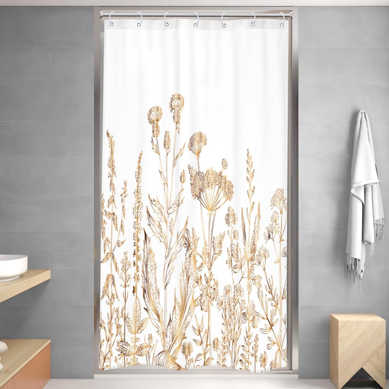 Riyidecor Small Stall RV White Gold Floral Shower Curtain for Bathroom Decor 36Wx72H Wildflower Rustic Botanical Herbs Plant Leaves Nature Art Printed Fabric Polyester Waterproof 7 Pack Plastic Hooks - Image 2