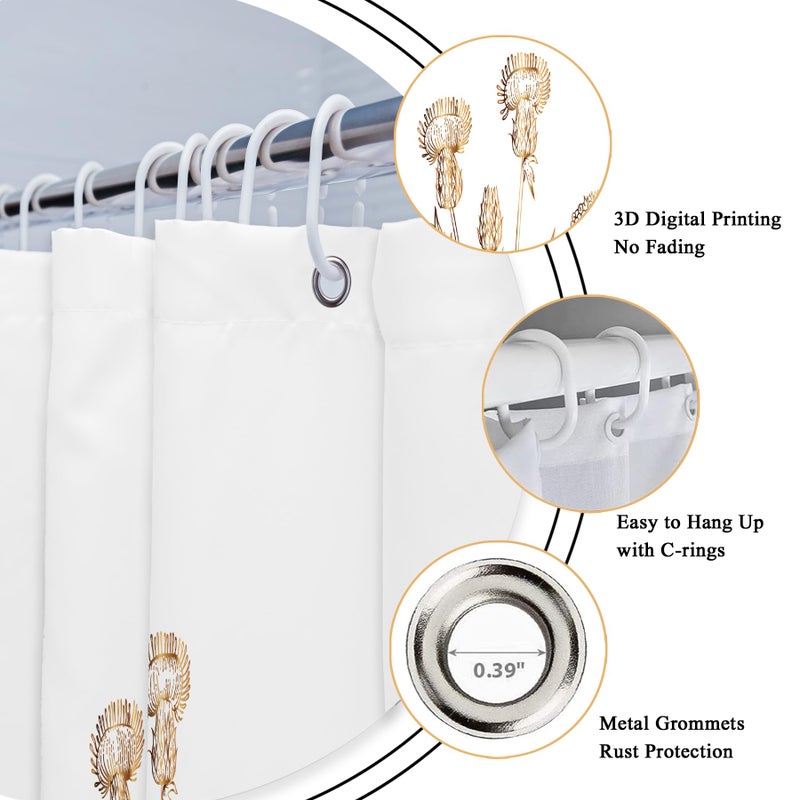 Riyidecor Small Stall RV White Gold Floral Shower Curtain for Bathroom Decor 36Wx72H Wildflower Rustic Botanical Herbs Plant Leaves Nature Art Printed Fabric Polyester Waterproof 7 Pack Plastic Hooks - Image 5
