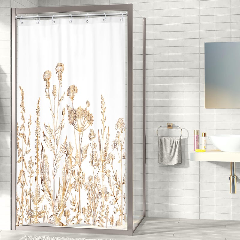 Riyidecor Small Stall RV White Gold Floral Shower Curtain for Bathroom Decor 36Wx72H Wildflower Rustic Botanical Herbs Plant Leaves Nature Art Printed Fabric Polyester Waterproof 7 Pack Plastic Hooks - Image 3