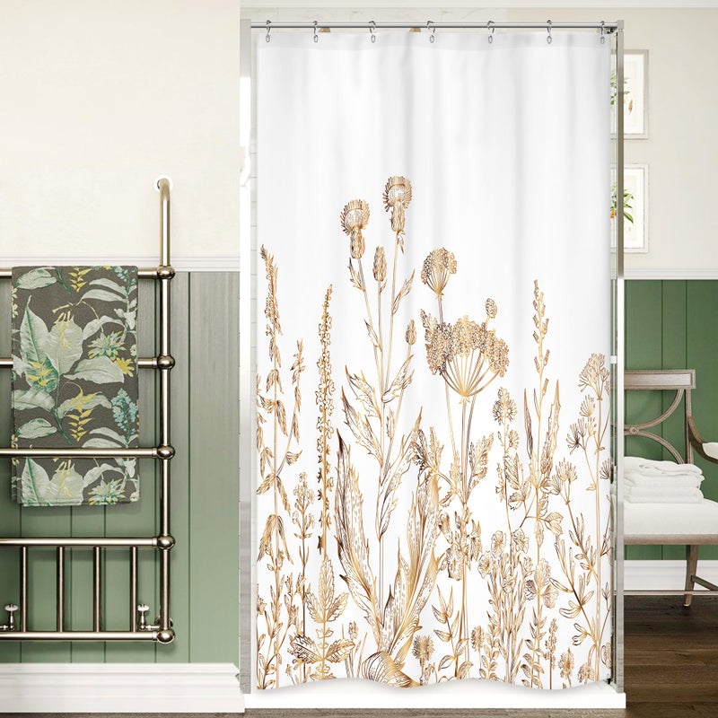 Riyidecor Small Stall RV White Gold Floral Shower Curtain for Bathroom Decor 36Wx72H Wildflower Rustic Botanical Herbs Plant Leaves Nature Art Printed Fabric Polyester Waterproof 7 Pack Plastic Hooks - Image 1