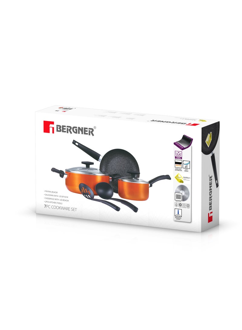 BERGNER طقم أواني الطهي SHINE 7 قطع، طقم طهي من الألمنيوم المضغوط، أواني طهي بطلاء رخام + غير لاصق، طقم قدرات طهي بقاعدة تحريض، مناسب لجميع المواقد، لون برتقالي معدني، BG34660OR - Image 5