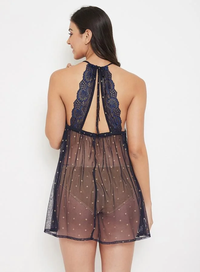 Clovia Clovia Self Design Sheer Lace and Mesh Babydoll with G-String