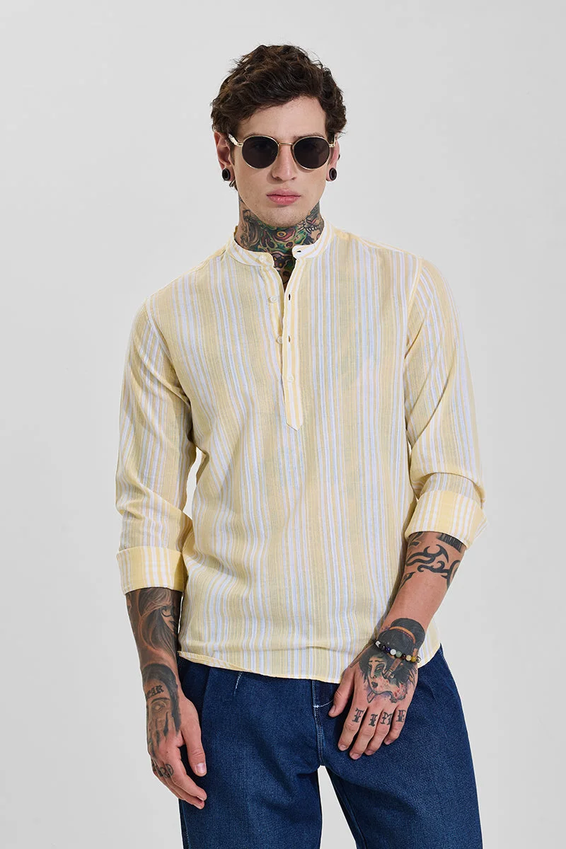 SNITCH Light Yellow Striped Long Sleeve Slim Fit Shirt