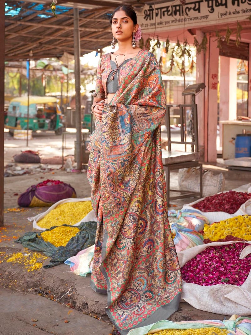 SAREE MALL Women's Banarasi Silk Madhubani Printed Saree With Unstitched Blouse Piece(Beige_PUSHPMNDI103_RS) - Image 2