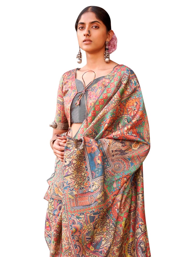 SAREE MALL Women's Banarasi Silk Madhubani Printed Saree With Unstitched Blouse Piece(Beige_PUSHPMNDI103_RS) - Image 1