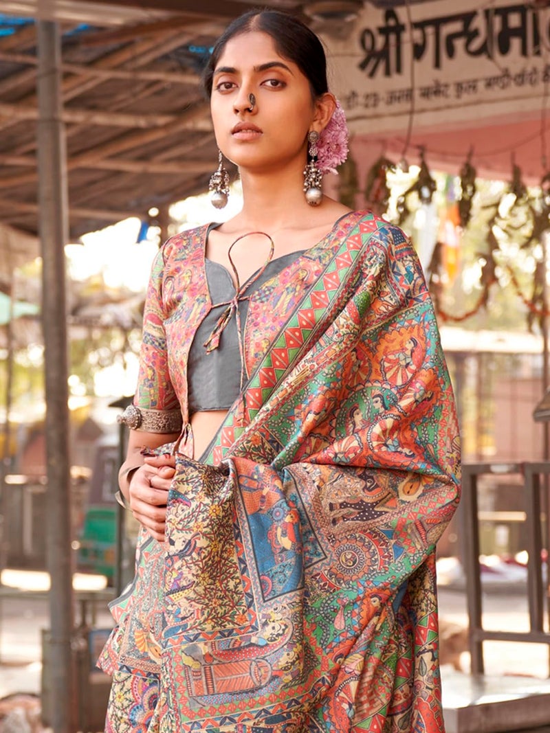 SAREE MALL Women's Banarasi Silk Madhubani Printed Saree With Unstitched Blouse Piece(Beige_PUSHPMNDI103_RS) - Image 4