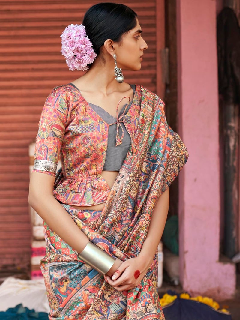 SAREE MALL Women's Banarasi Silk Madhubani Printed Saree With Unstitched Blouse Piece(Beige_PUSHPMNDI103_RS) - Image 5