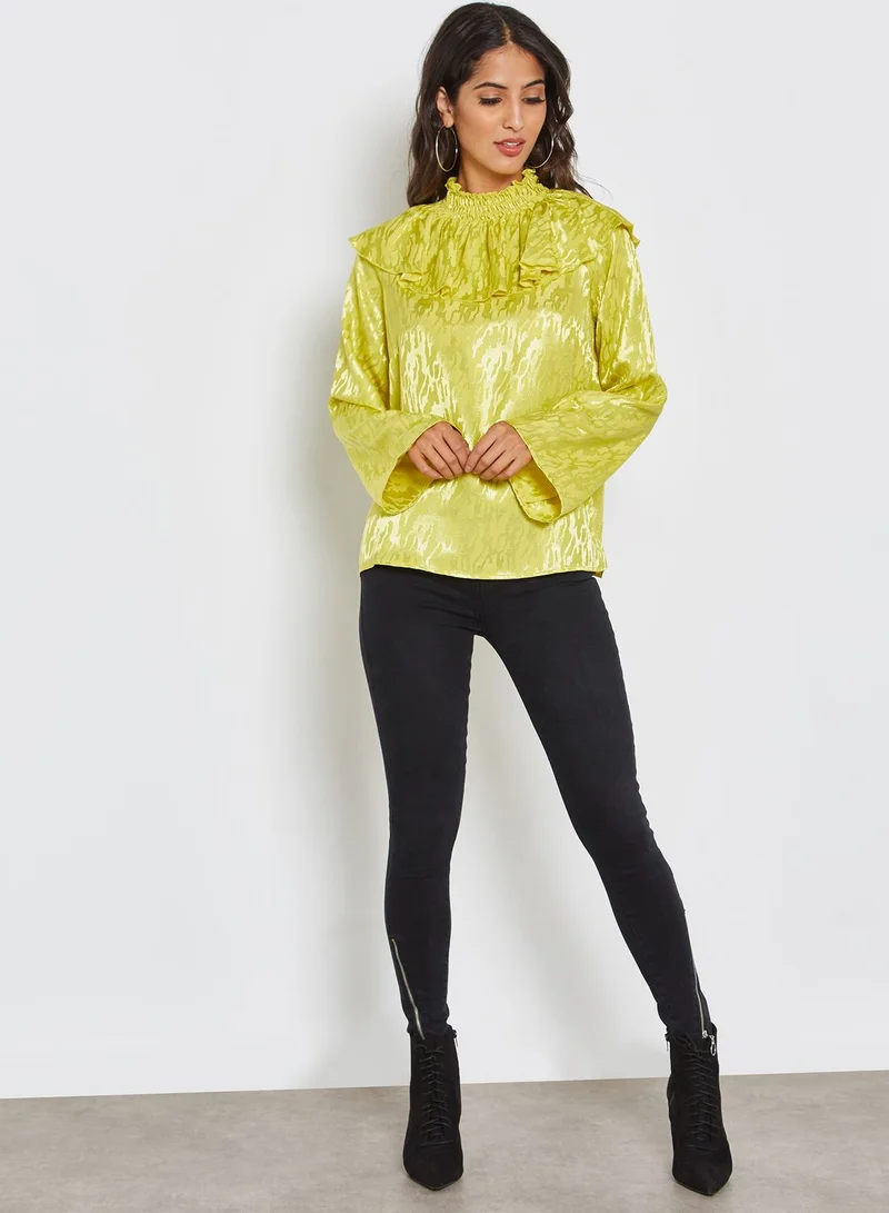 LOST INK Long Sleeve Satin High Neck Ruffle Top