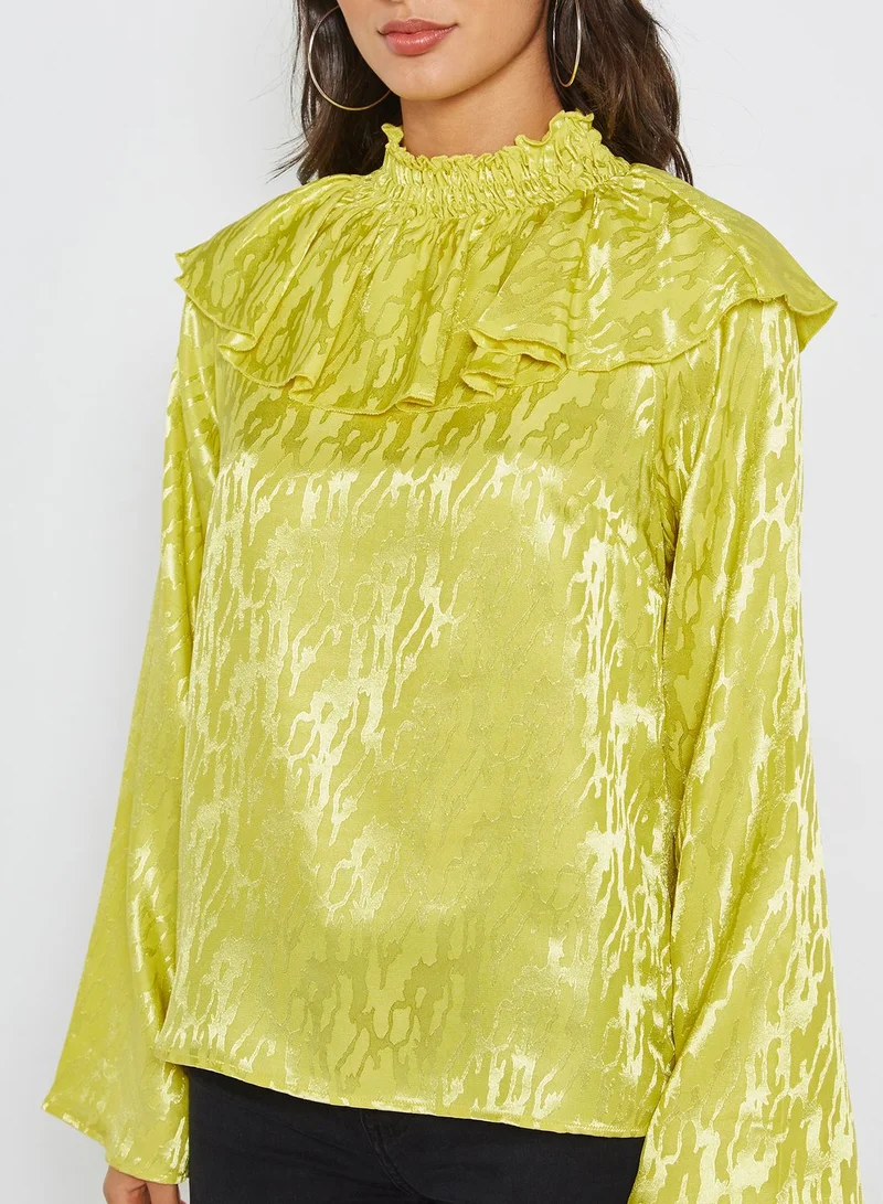 LOST INK Long Sleeve Satin High Neck Ruffle Top