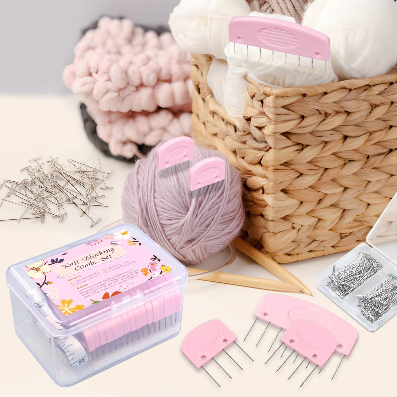 Opstin 120Pcs Knit Blocking Pins Kit, Blocking Pins for Knitting, Knit Blocking Pins for Blocking Mats, 20 Knit Blockers Pins Kit, Crochet Blocking Pins, Knit Blocking Combs with 100 T-Pins and Storage Box - Image 3