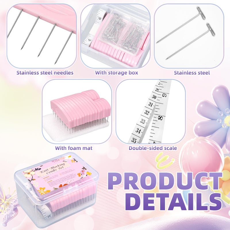 Opstin 120Pcs Knit Blocking Pins Kit, Blocking Pins for Knitting, Knit Blocking Pins for Blocking Mats, 20 Knit Blockers Pins Kit, Crochet Blocking Pins, Knit Blocking Combs with 100 T-Pins and Storage Box - Image 4