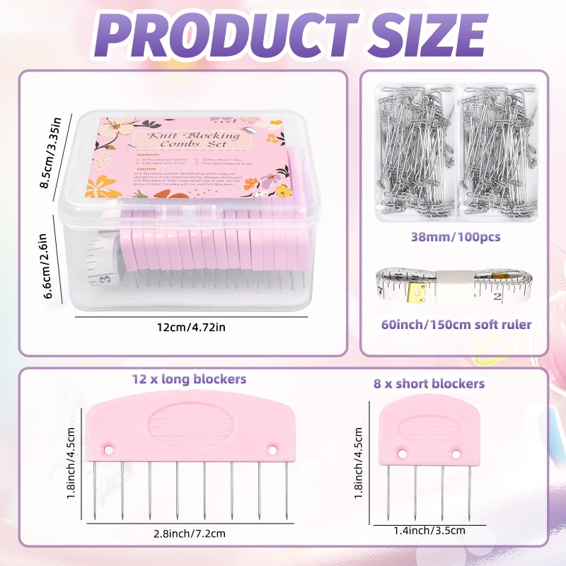 Opstin 120Pcs Knit Blocking Pins Kit, Blocking Pins for Knitting, Knit Blocking Pins for Blocking Mats, 20 Knit Blockers Pins Kit, Crochet Blocking Pins, Knit Blocking Combs with 100 T-Pins and Storage Box - Image 2