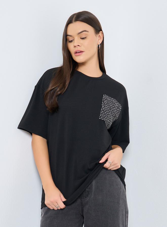 Styli Black Studded Pocket Oversized T-Shirt - Image 2