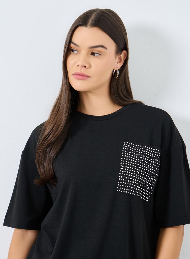 Styli Black Studded Pocket Oversized T-Shirt - Image 2