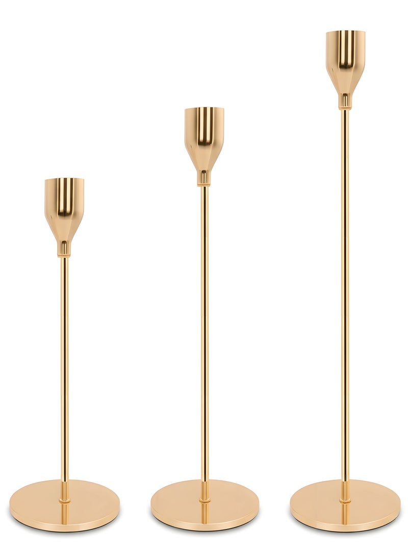 بيوينتي 3 قطع من حاملات الشموع الذهبية، لشمعة رفيعة، مزينة لوضعها على الطاولة في الحفلات والمناسبات. - Image 1