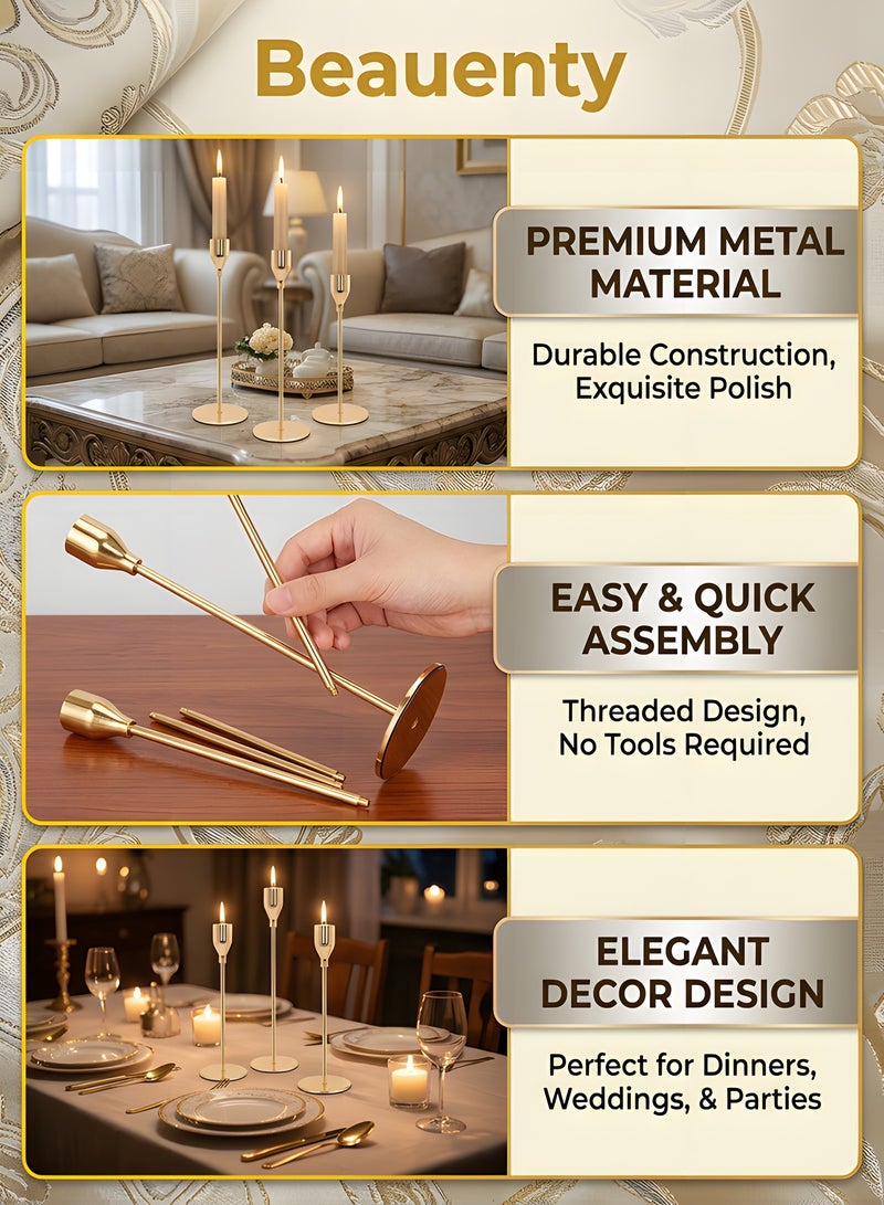 بيوينتي 3 قطع من حاملات الشموع الذهبية، لشمعة رفيعة، مزينة لوضعها على الطاولة في الحفلات والمناسبات. - Image 2