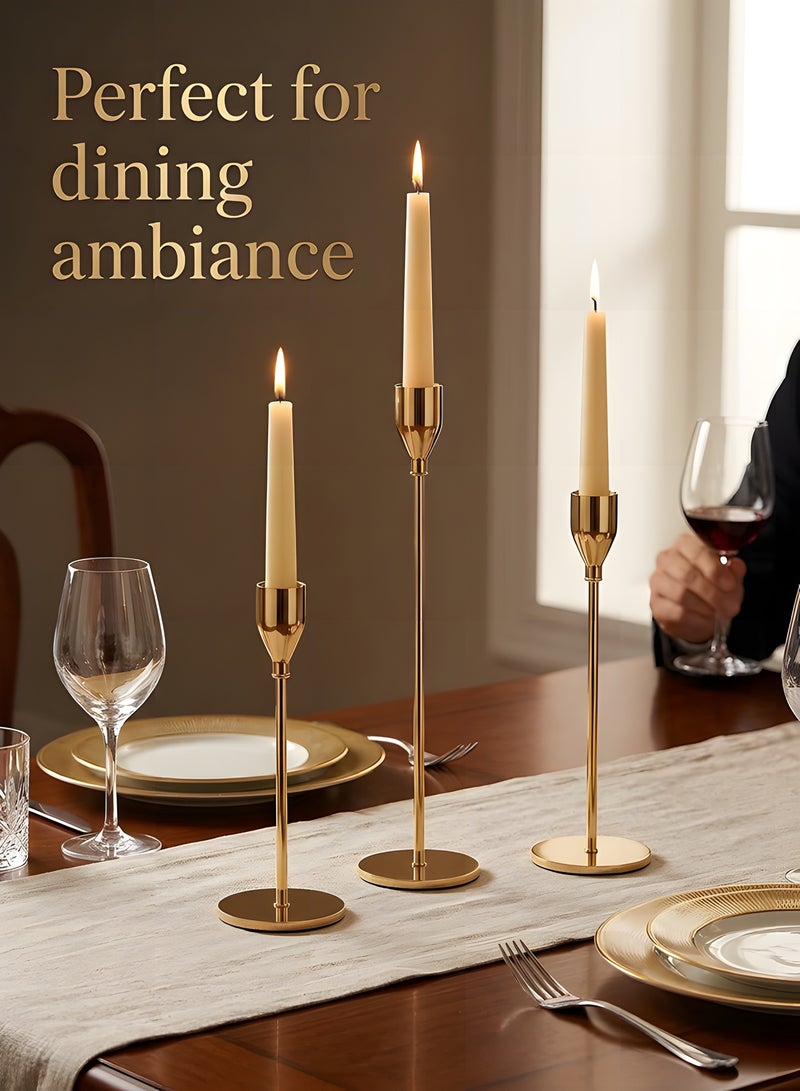بيوينتي 3 قطع من حاملات الشموع الذهبية، لشمعة رفيعة، مزينة لوضعها على الطاولة في الحفلات والمناسبات. - Image 3