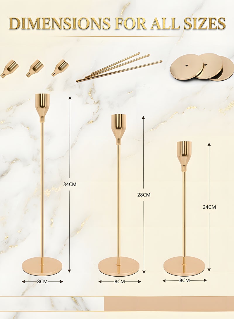 بيوينتي 3 قطع من حاملات الشموع الذهبية، لشمعة رفيعة، مزينة لوضعها على الطاولة في الحفلات والمناسبات. - Image 4