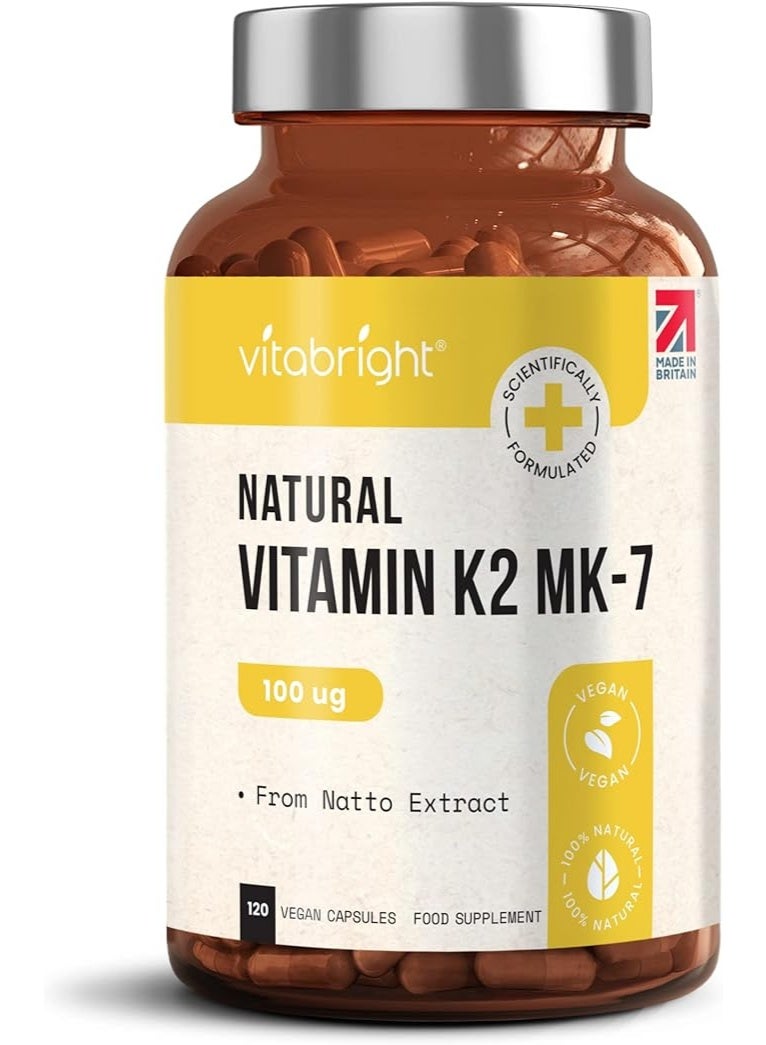 فيتابرايت مكمل فيتامين K2 MK-7 بتركيز 100 ميكروغرام | 120 كبسولة نباتية | مصدر طبيعي لميناكينون-7 (MK-7) من الناتو | تركيبة عالية القوة | يدعم صحة العظام والقلب وتنظيم الكالسيوم | سهل البلع | صُنع في المملكة المتحدة - Image 1