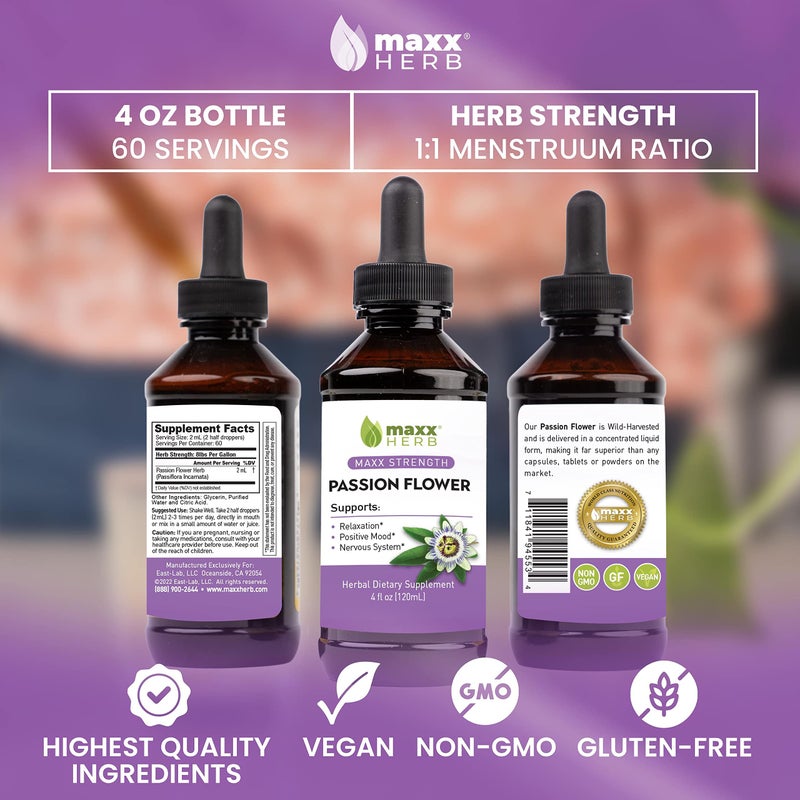 Maxx Herb Passion Flower Extract - Max Strength Passion-Flower Liquid Absorbs Better Than Capsules, for Relaxation and Stress Relief, Alcohol-Free - 4 Oz Bottle (60 Servings) - Image 5