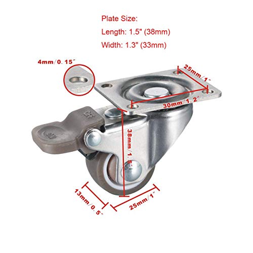 bayite 4 Pack 1" Low Profile Casters Wheels Soft Rubber Swivel Caster with 360 Degree Top Plate 100 lb Total Capacity for Set of 4 (2 with Brakes & 2 Without) - Image 4
